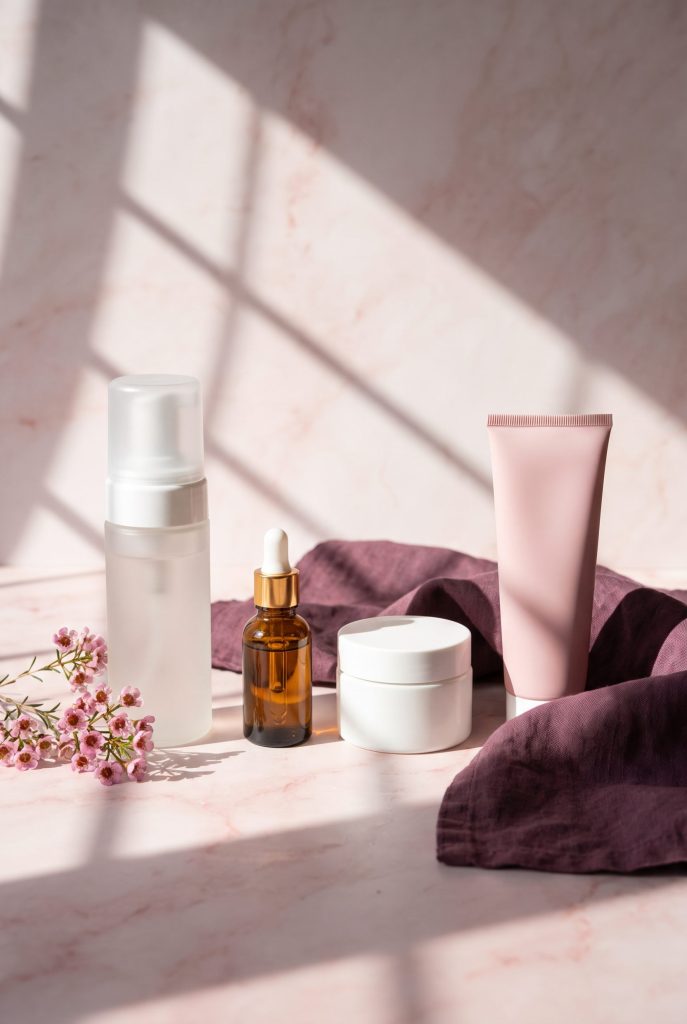 Morning skincare routine products arranged in sunlight on a blush-pink marble vanity