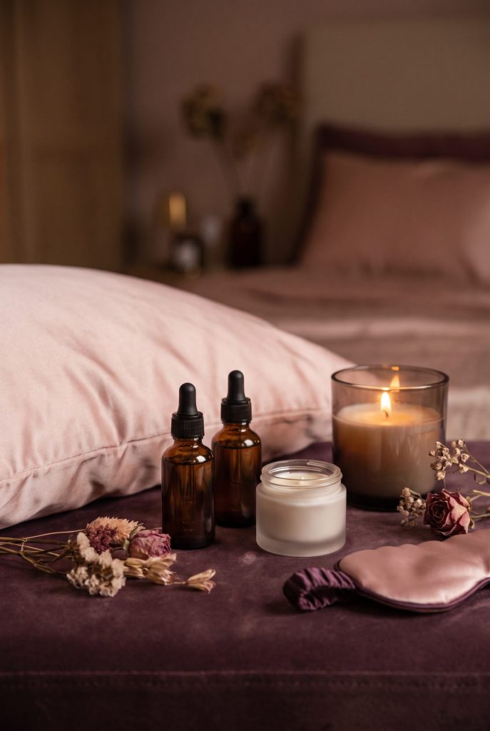 Anti-aging night skincare serums and cream on plum velvet beside a silk pillow and candle