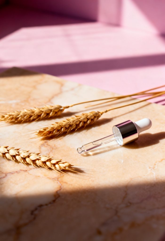 Wheat and a serum dropper bottle on marble, representing azelaic acid