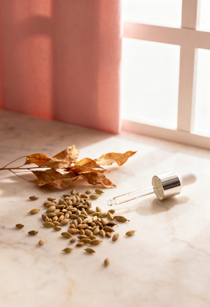 Babchi seeds and a dropper serum bottle on marble, representing bakuchiol