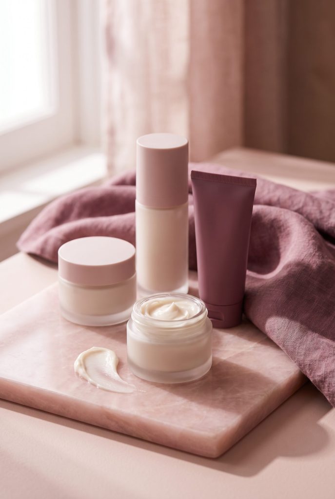 Ceramide barrier-repair moisturisers with a cream swatch on blush-pink stone and plum linen