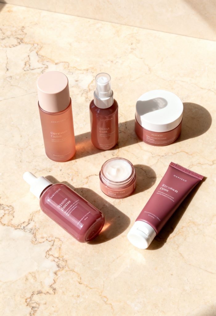 Drugstore skincare products arranged on a clean beauty background