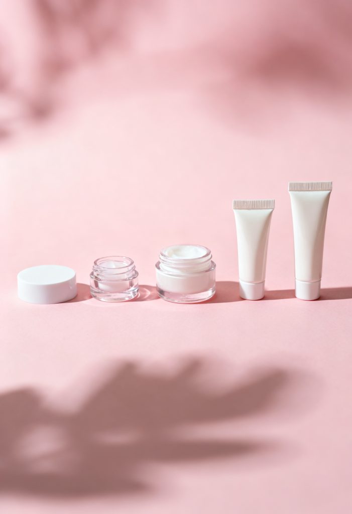 Collection of eye cream jars and tubes styled on a soft skincare background