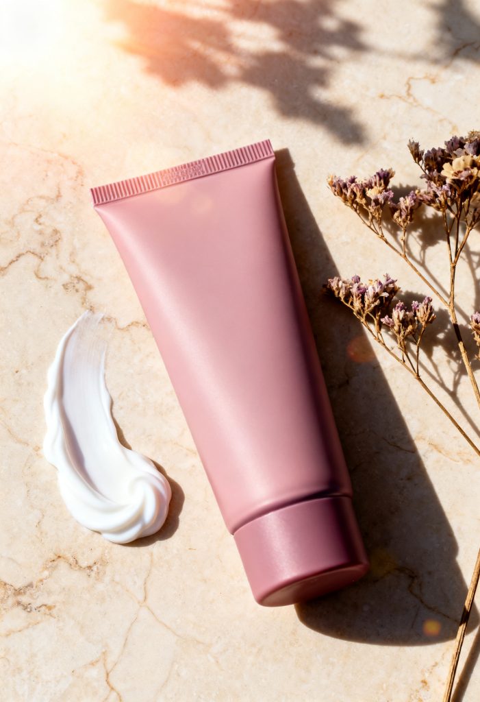 Sunscreen bottles for sensitive skin arranged on a soft background
