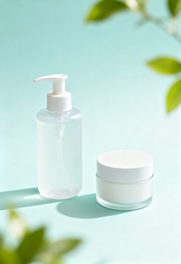 Simple beginner skincare products flat lay