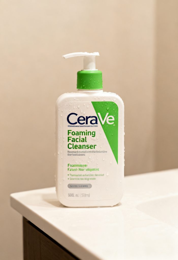 CeraVe Foaming Facial Cleanser pump bottle on a clean skincare background