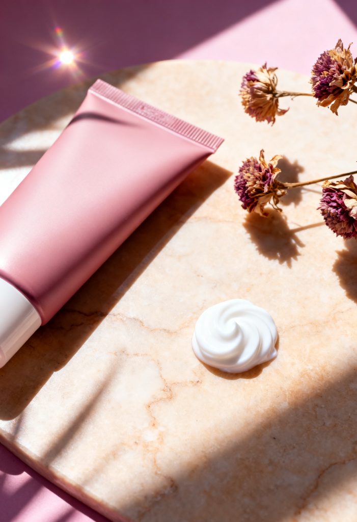 Sunscreen tube with lotion swirl in sunlit still life