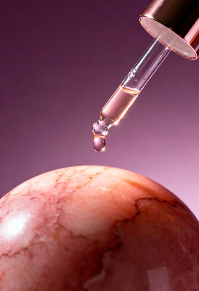 Serum dropper bottle with a droplet, representing a niacinamide serum