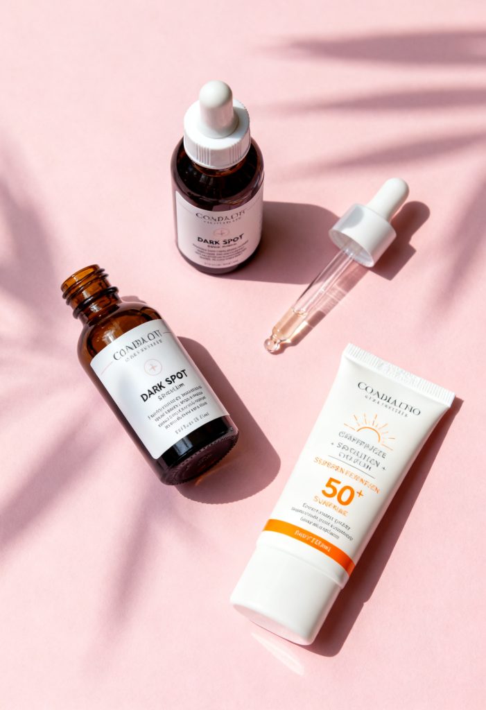Skincare flatlay with serums and sunscreen, representing a dark spot and hyperpigmentation routine