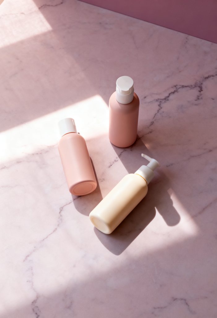 Minimal skincare bottles for a sensitive skin routine