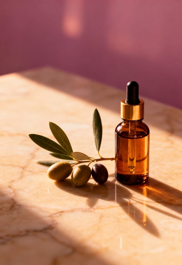 Olive branch and an oil dropper bottle on marble, representing squalane